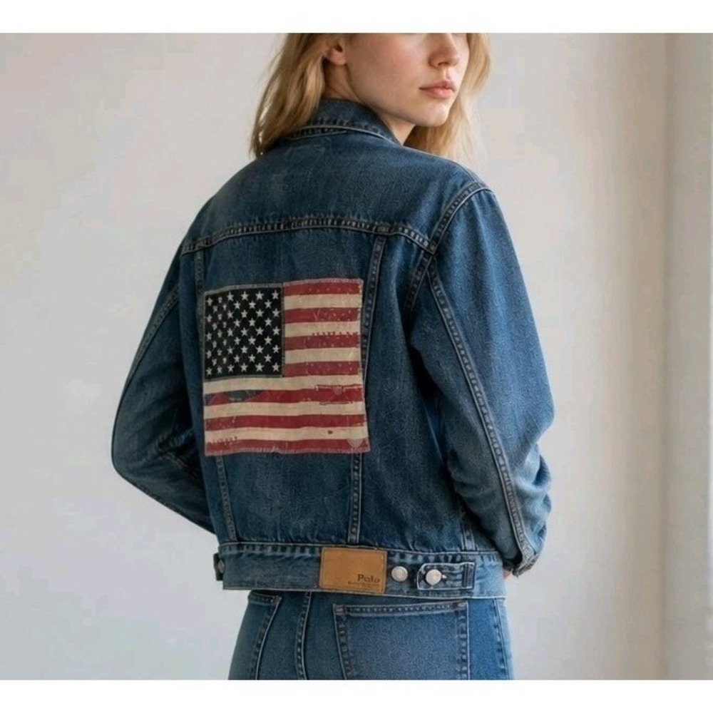 Polo Ralph Lauren Denim Jacket American Flag Patch Womens XS Trucker Medium Wash
